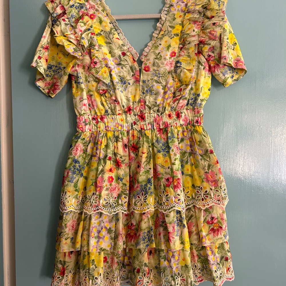 LoveShackFancy Aldina Tiered Yellow Floral Broderie Mini Dress M - Picture 8 of 10
